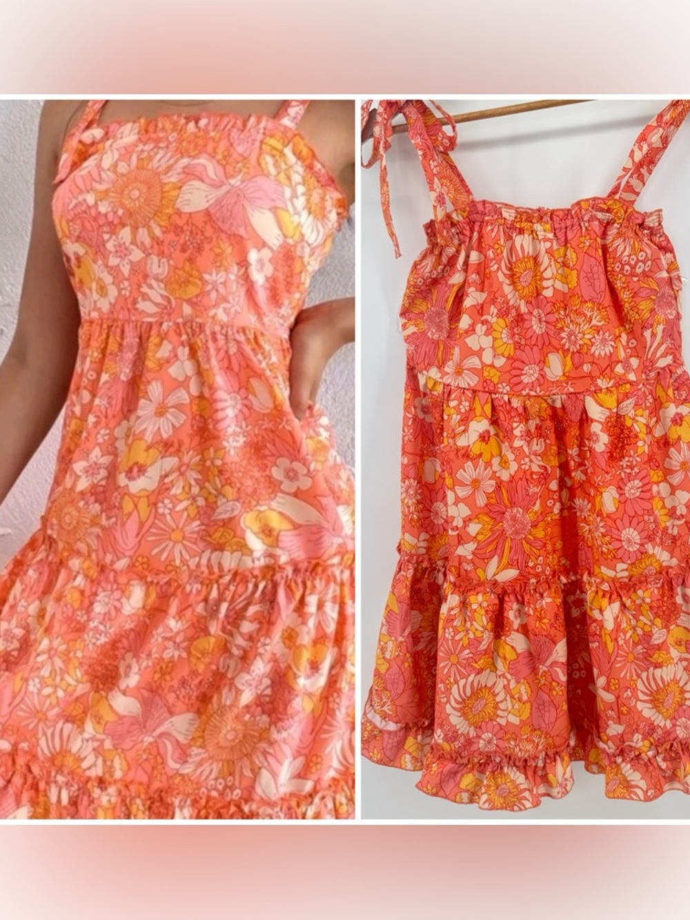 Boho Bright Floral Tie-Shoulder Sundress Coral Pink Women's Size Med Festival - Picture 6 of 6